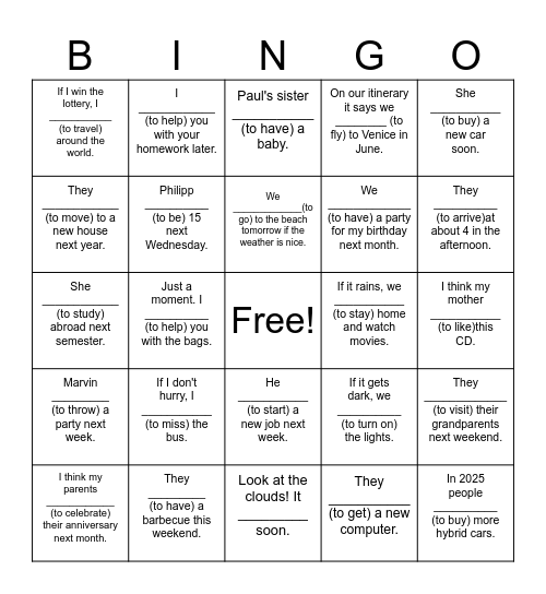 Will/Going to Bingo!!! Bingo Card