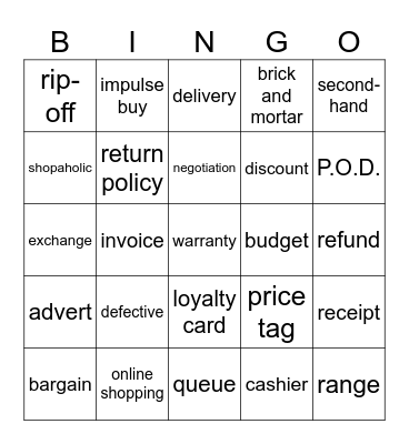Shopping Bingo Card