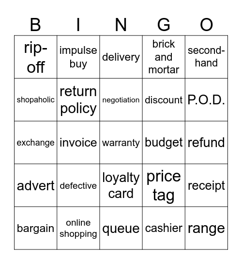 Shopping Bingo Card