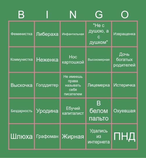 Бинго оскорблений, которых я боюсь в интернете Bingo Card