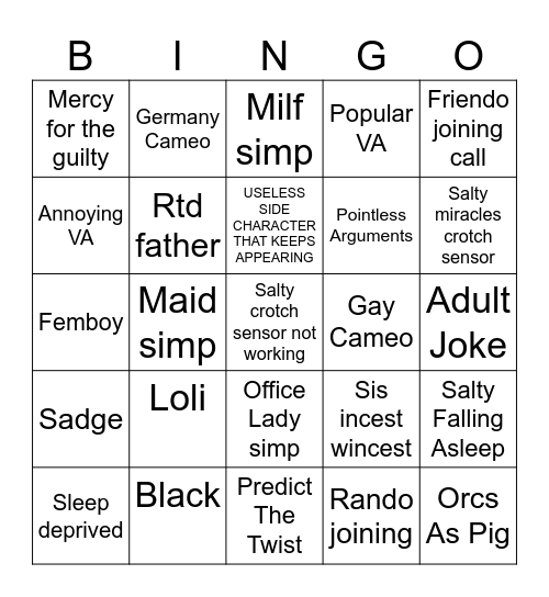Anime Watching Session Bingo Card