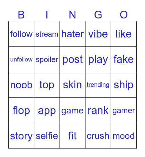 English words used by Brazilian teens Bingo Card