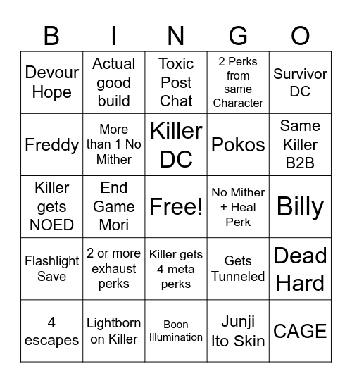 DBD Chaos Shuffle Bingo Card