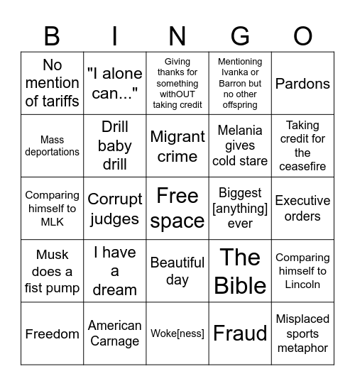 Inauguration Speech Bingo Card