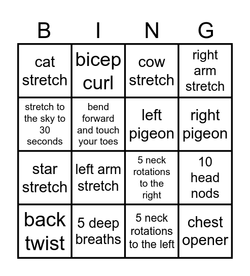 Fitness Bingo Card