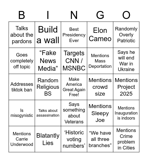 Trump Inauguration Bingo Card