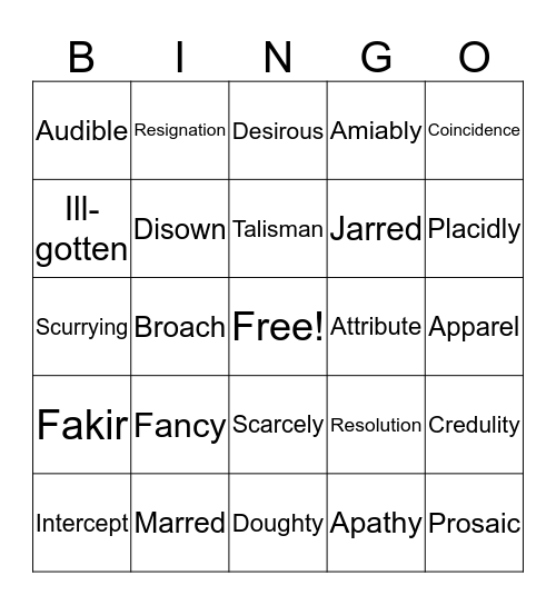 Monkey's Paw Vocabulary Bingo Card