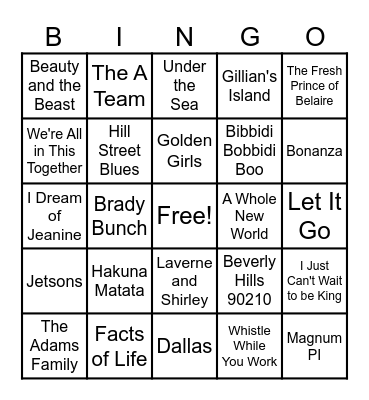 TV Tunes and Disney Bingo Card