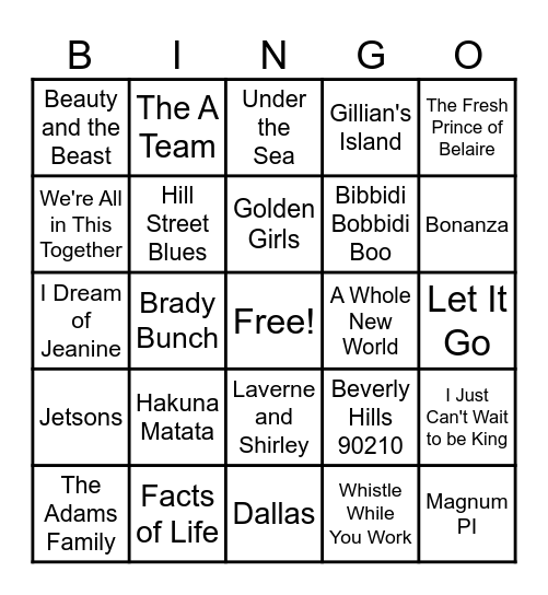 TV Tunes and Disney Bingo Card