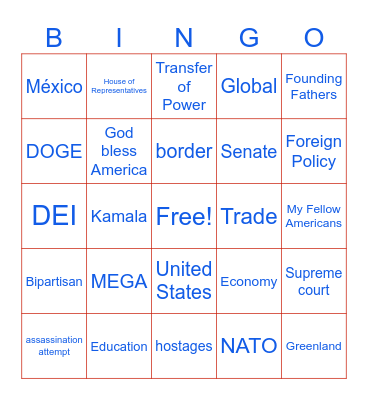 2025 Inauguration Bingo Card