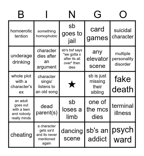 tv shows/movies bingo Card