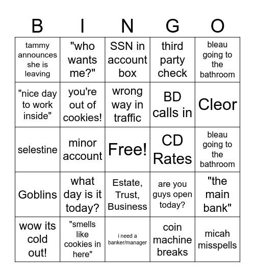 Bank Bingo Card