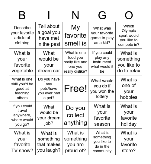 Getting To Know You Bingo Card