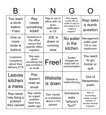 Customer Service Bingo! Bingo Card