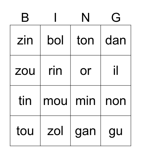 Bingo des Syllabes! Bingo Card