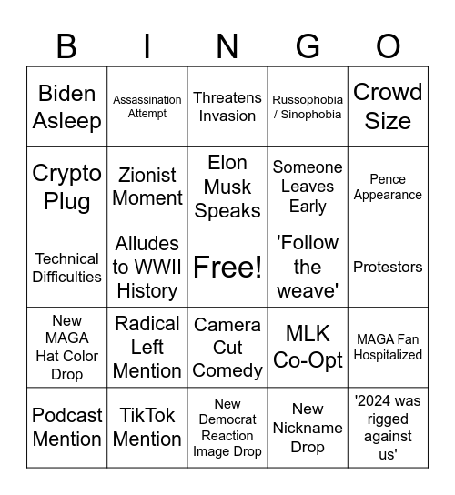 Inauguration Bingo Card