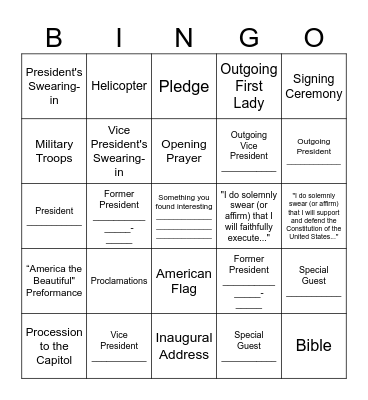Inauguration Bingo Card