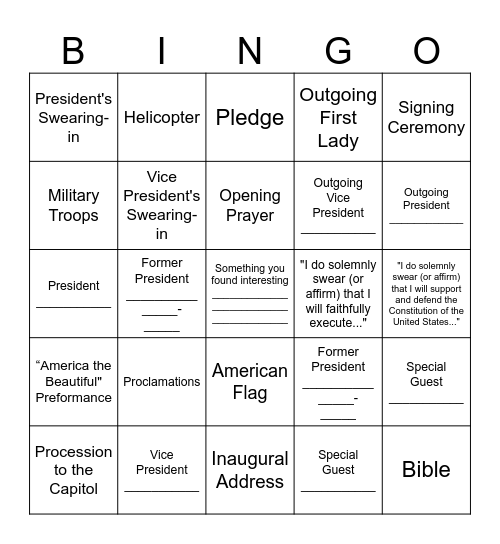 Inauguration Bingo Card