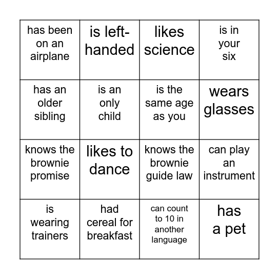 Find a Brownie who... Bingo Card