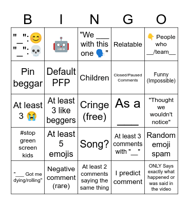 YouTube Shorts Comments Bingo Card