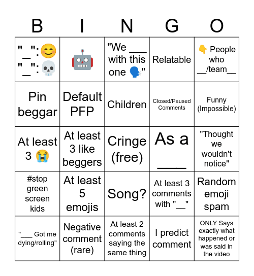 YouTube Shorts Comments Bingo Card