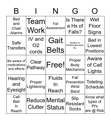 Fall Prevention Bingo Card