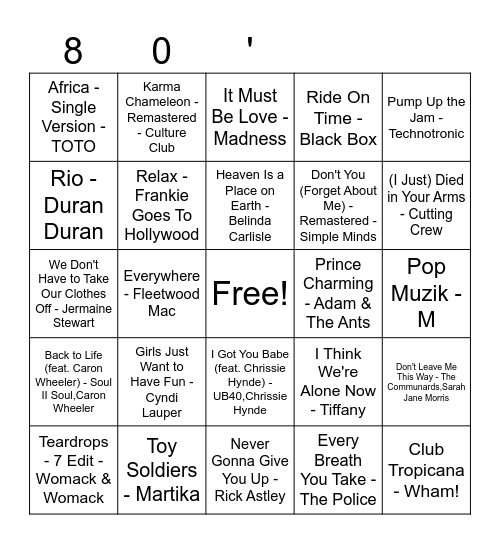 80's Bingo Card