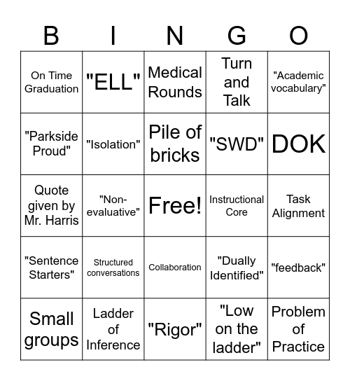 Parkside Middle School Bingo Card