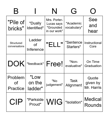 Parkside Middle School Bingo Card