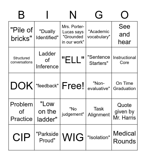 Parkside Middle School Bingo Card