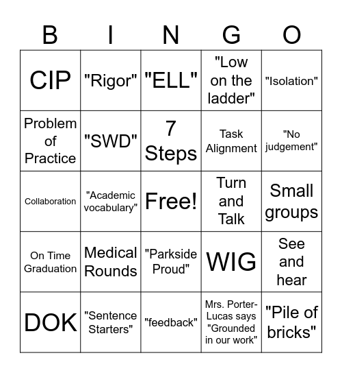 Parkside Middle School Bingo Card
