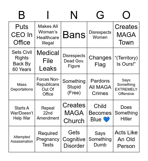 Trump Presidency 2025-2029 Bingo Card
