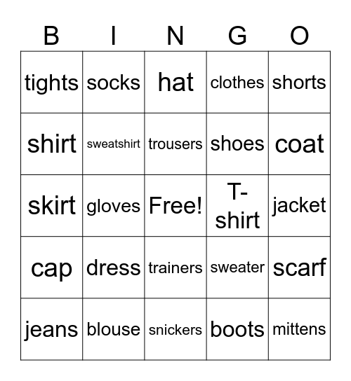 clothes Bingo Card