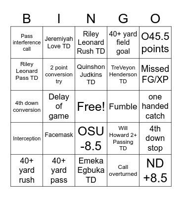 College Football Natty Bingo Card