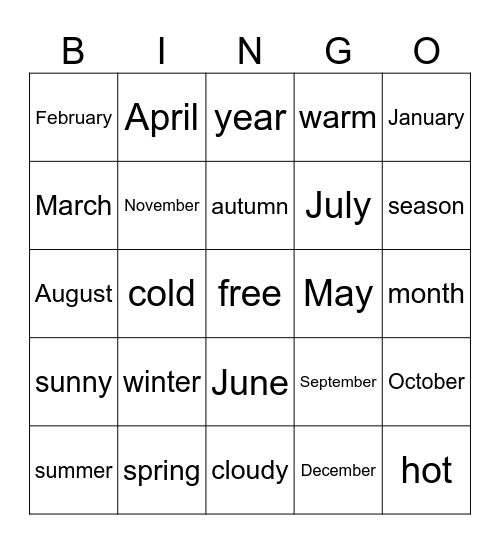 months and seasons Bingo Card