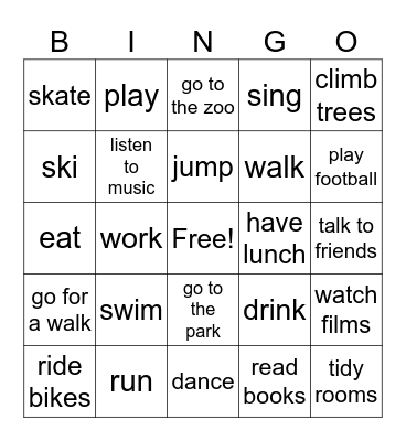 action verbs Bingo Card