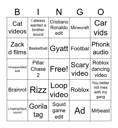 YouTube shorts bingo Card