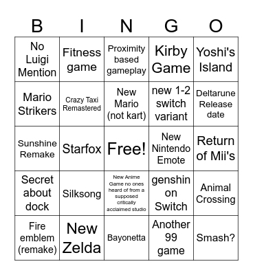 Nintendo Bingo Card
