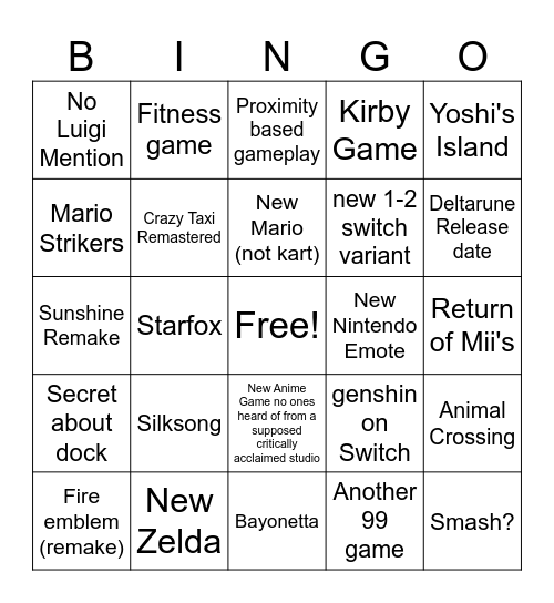 Nintendo Bingo Card