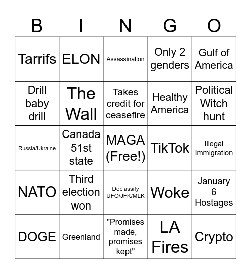 Trump 2025 inauguration Bingo Card