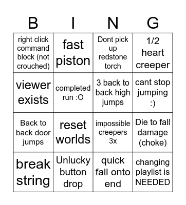 Creepers Dungeon Bingo Card