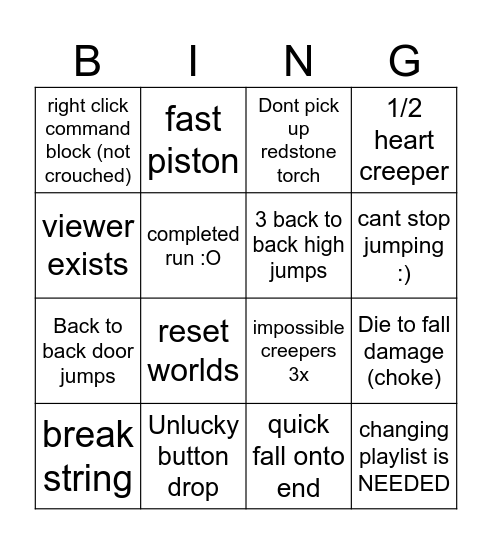 Creepers Dungeon Bingo Card