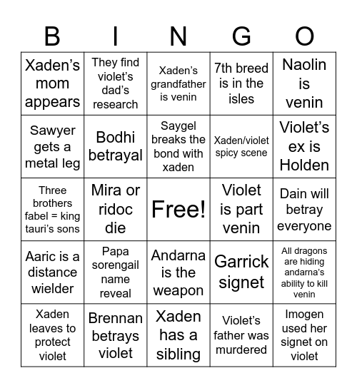 Onyx storm Bingo Card