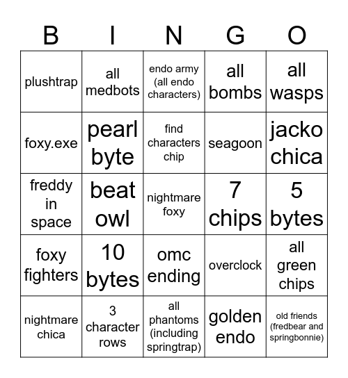 fnaf world bingo Card