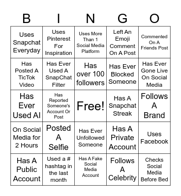 Social Media Bingo Card