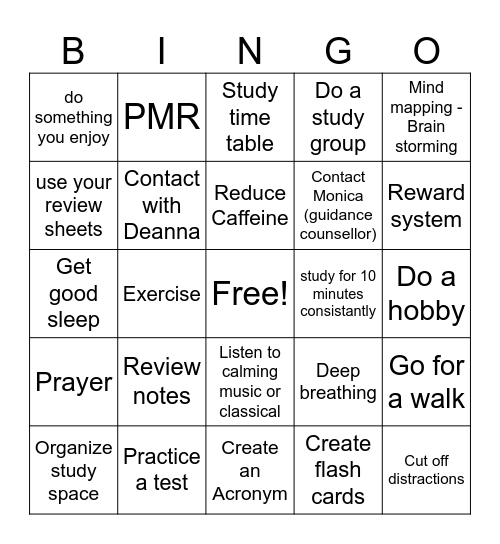 Balancing Study & Stress Bingo Card