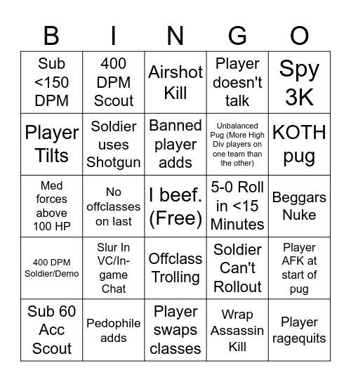 TF2 PUG Bingo Card