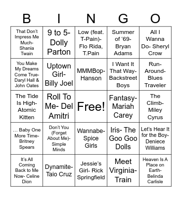 80's/90's/00's Bingo Card