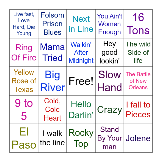 Country Music Bingo Card
