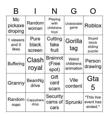Youtube Live Bingo Card